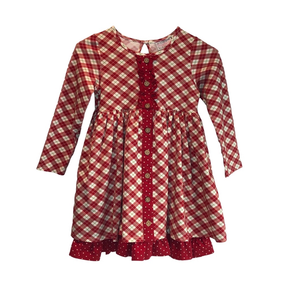 Serendipity Girl’s Red Cream Green Plaid Polka Dot Tiered Holiday Dress Size 8